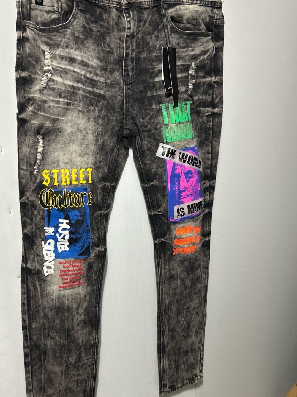 Men's Black Acid-Wash Straight Jeans with Multicolor Graphic Prints